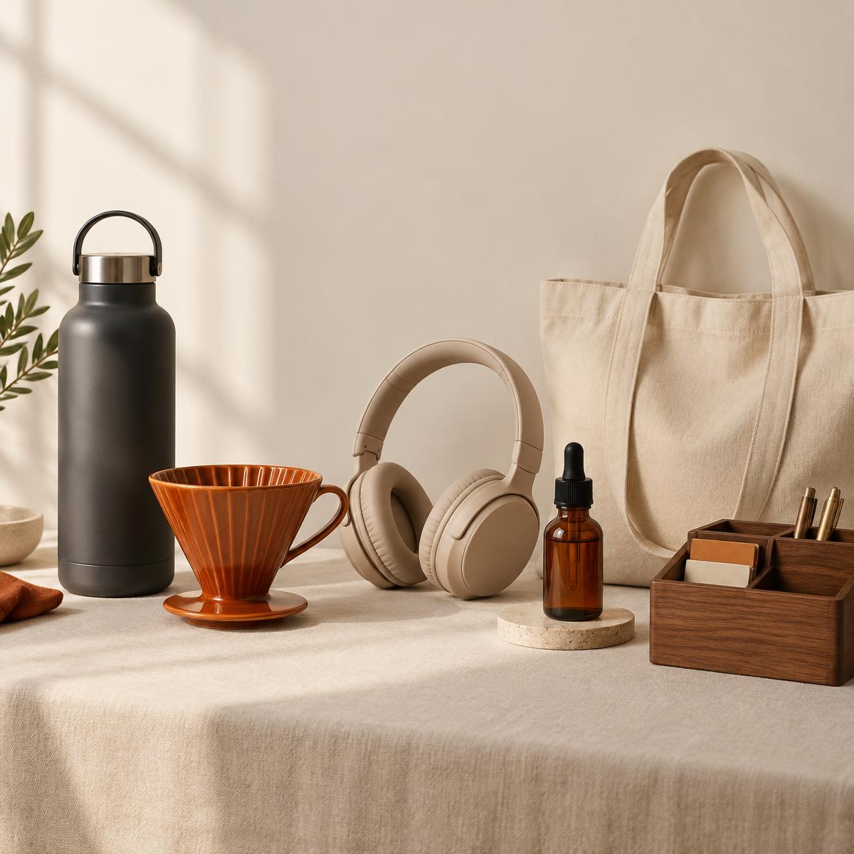 A lineup of sample consumer products: a water bottle, ceramic coffee dripper, headphones, skincare bottle, canvas tote, and wooden desk organizer
